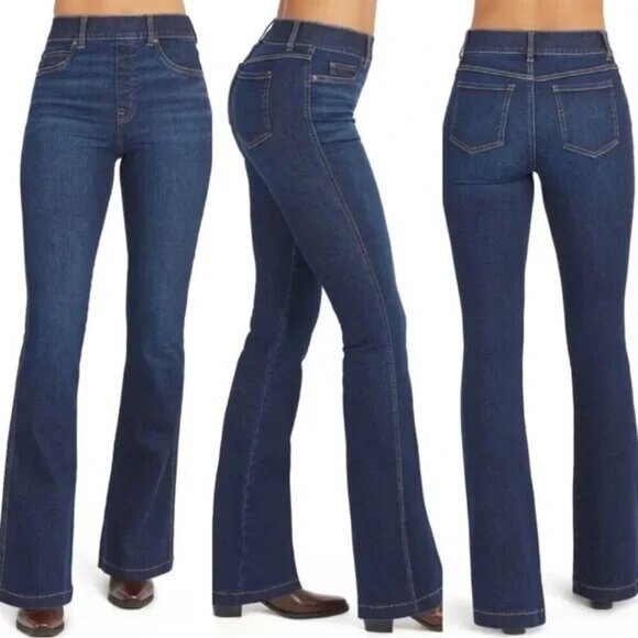 Spanx Wide Leg Pull On Women Jeans Size 1X Tall Blue Distressed Cotton - Picture 2 of 15